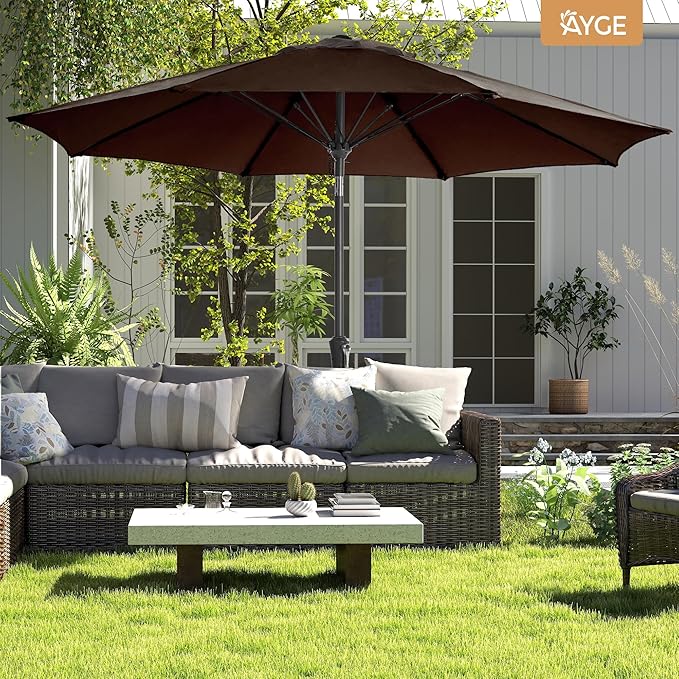 Ayge 9FT Large Outdoor Patio Umbrella Market Table Umbrella-UV Resistant, Easy Push Button Tilt and Crank, 8 Sturdy Fiberglass Ribs Heavy-Duty Pool Umbrella for Deck, Backyard,Garden,Brown