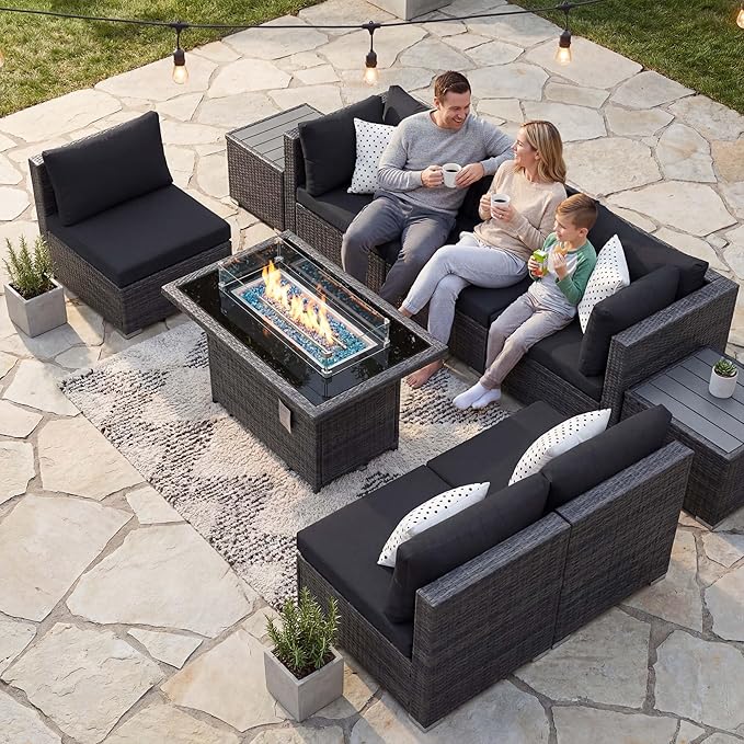 NICESOUL 9 Piece Outdoor Patio Sectional Furniture Sofa Set with Fire Pit Natural Gas Propane, 29.3'' High Back Modern Large Size Wicker Conversations with Fireplace for Backyard, Deep Seats Gray