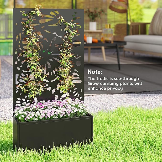 Outsunny Metal Raised Garden Bed with Trellis for Climbing Plants, Freestanding or Wall Mounted Flower Bed with Privacy Panel, Butterfly Cut-Out Outdoor Planter Box for Garden, Patio, Balcony