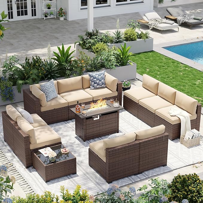 Aoxun Patio Furniture Sets, 12-Piece Outdoor Patio Furniture with 44'' Propane Gas Firepit Table, Wicker Outdoor Conversation Set Sectional Sofa for Backyard, Poolside, Garden