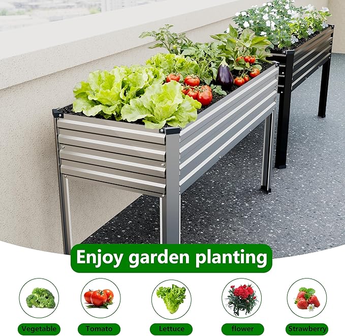 Vengarus Galvanized Raised Garden Bed Outdoor with Legs,48×18×30in Metal Elevated Raised Planter Box for Backyard, Patio, Balcony, 300lb Capacity,Silver(2PCS)