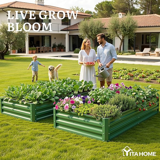 YITAHOME 6x3x1ft 2pcs Large Raised Garden Bed Kit, Galvanized Metal Planter Box with Gloves, Ground Nails, Support Rod, Outdoor Above Ground Planters for Plants Vegetables Flowers, Green