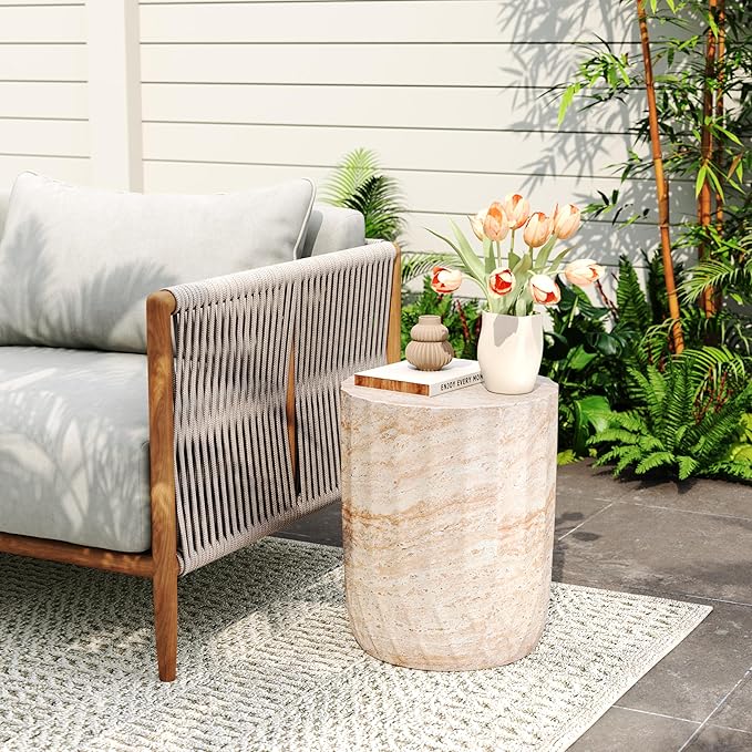 Christopher Knight Home Jayme 18.5" Indoor Outdoor Cylinder Accent Side Table, Patio Decorative End Table, Lightweight Concrete Garden Stool for Patio Living Room Balcony & Garden Decor, Travertine