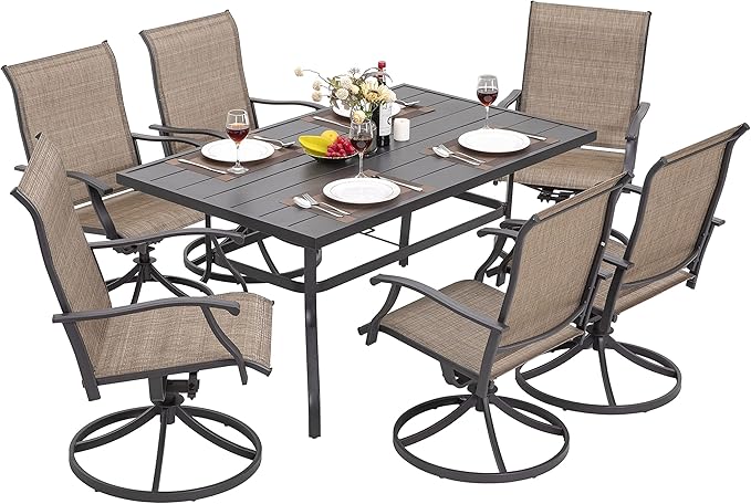 NUU GARDEN 7 Piece Outdoor Dining Set, 6 Swivel Patio Chairs and 1 Dining Table with 1.57 Inch Umbrella Hole, Iron Patio Furniture Set for Lawn Backyard Balcony, Black and Brown