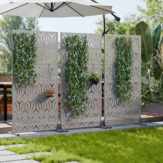 Casaphoria Metal Privacy Screen Outdoor, 72" H x 35" W Freestanding Decorative Privacy Screen for Patio Deck Balcony Garden with Stable Base, Grey-Star