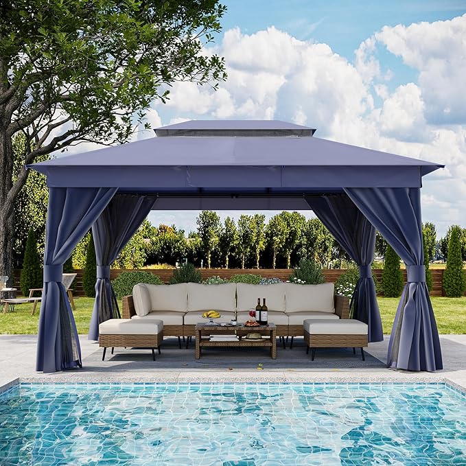 LAUSAINT HOME Semi-Permanent Outdoor Patio Gazebo 10'x13', Heavy Duty Party Tent Shelter with Double Roofs, Mosquito Nettings and Privacy Screens for Backyard, Garden, Lawn, Navy Blue
