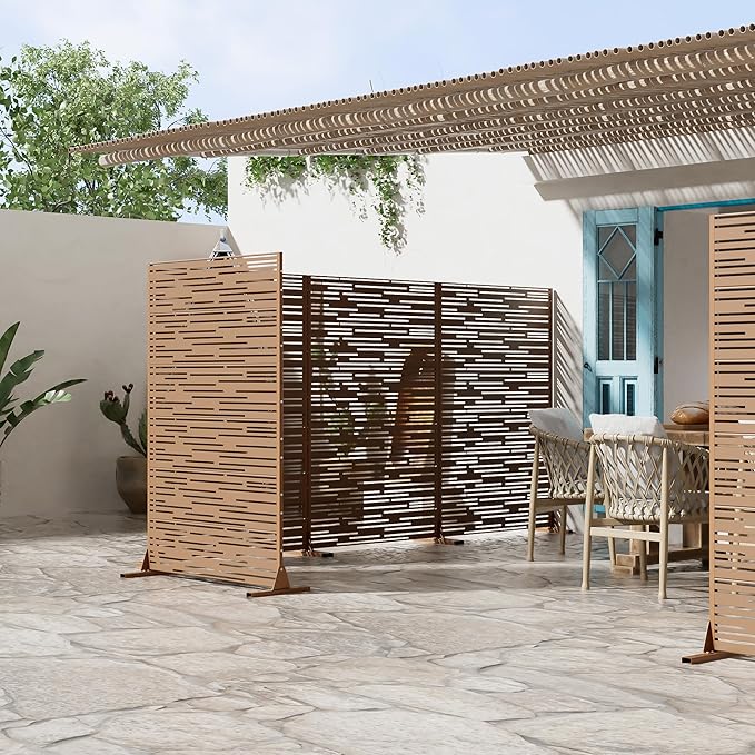 Casaphoria Metal Privacy Screen Outdoor, 72" H x 47" W Freestanding Decorative Privacy Screen for Patio Deck Balcony Garden with Stable Base, Brown-Shine