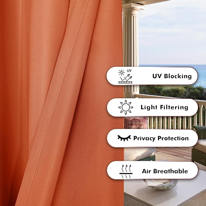 BONZER Outdoor Curtains for Patio Waterproof Thick Privacy Grommet Light Filtering Outside Curtains for Porch Pergola Gazebo Deck, 1 Panel, 54W x 95L inch, Mecca Orange