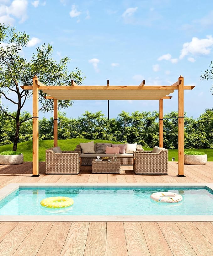 10 x 13 ft Aluminum Pergola with Adjustable Canopy, Outdoor Metal Pergola, Imitation Wood-Grain Sun Shade Shelter for Garden Patio Backyard Deck