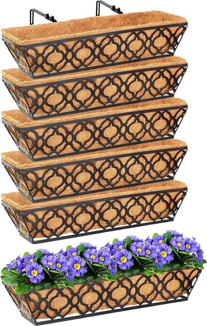 6pcs 24 Inch Window Deck with Coco Liner, 24" Window Boxes Horse Trough with Coconut Coir Liner, Metal Hanging Flower Planter Window Basket Deck Railing Planter Boxes for Outdoor Indoor Lawn