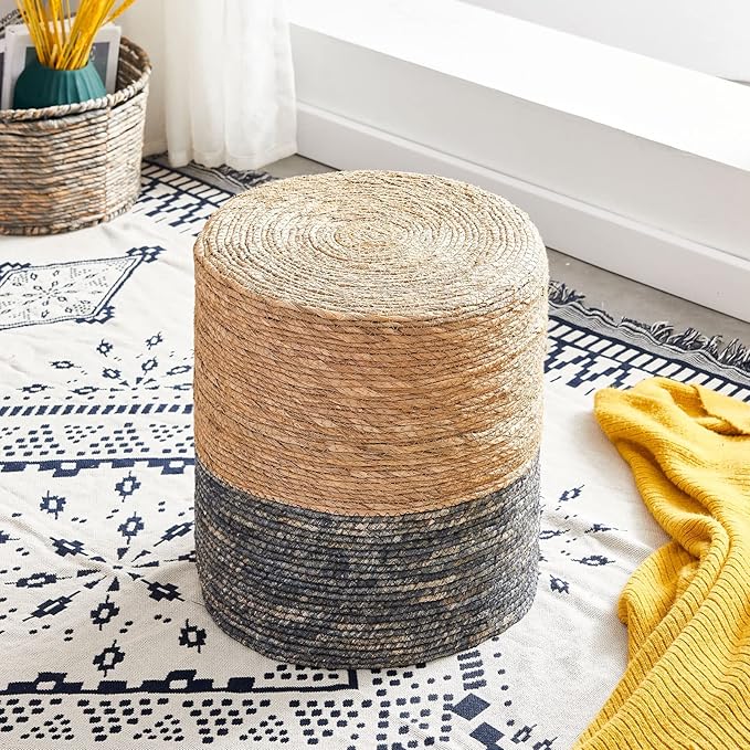 Wimarsbon Round Pouf Ottomans, Handwoven Natural Water Hyacinth Seagrass Pouffe,Outdoor Rattan Stool Accent Seat, Bohemian Coastal Home Decor (2pcs 14inch Natural Cattail-Blue)