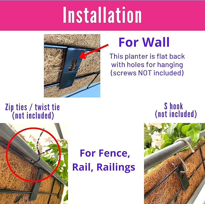 LaLaGreen Wall Mounted Planters - 30 Inch, 4 Pack Window Flower Boxes Basket Outdoor, Balcony Planter Over The Rail, Deck Railing Hanging with Coco Liners, Metal Horse Troughs Fence Patio Porch