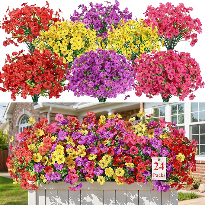 Alupssuc 24 Bundles Artificial Flowers for Outdoors Decoration, UV Resistant Silk Faux Daisy Flora Spring Fake Plastic Plants Greenery for Outside Indoor Yard Home Porch Window Box Decor, Mix 4 Colors