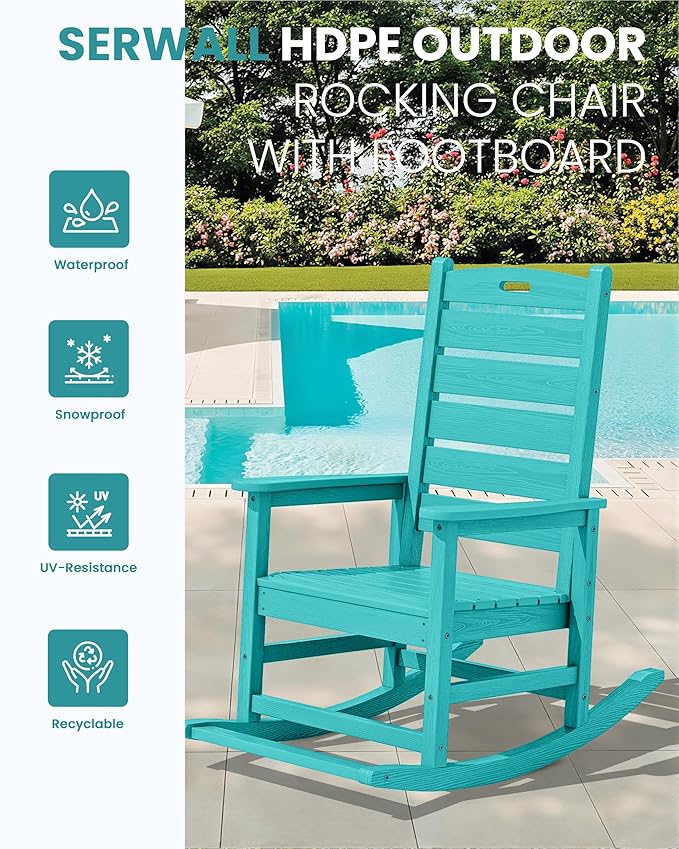 SERWALL Outdoor Rocking Chair Set of 4, Oversized HDPE Patio Rocking Chair with Footrest for Adults, All Weather Porch Rocker for Deck Patio Balcony, Aruba