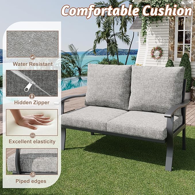 HOMREST Outdoor Loveseat Aluminum Patio Furniture Sofa, All-Weather Metal Outdoor Couch with Cushions, Grey