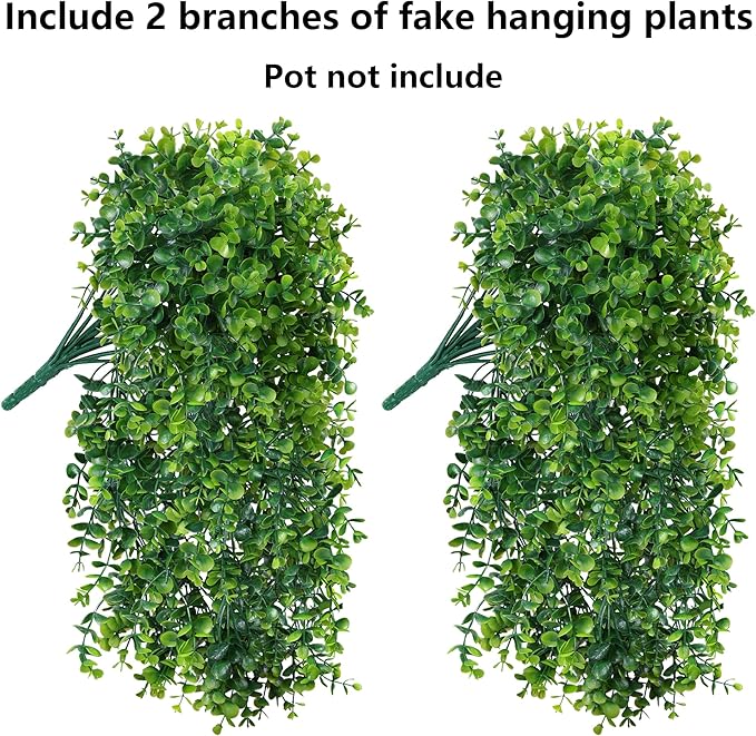 Faux Outdoor Plants Fake Hanging Plants for Outdoors Outside Decorations, 2 Pcs Green Faux Eucalyptus Vines Realistic UV Resistant Artificial Greenery for Planters Porch Garden Yard Front Door Patio
