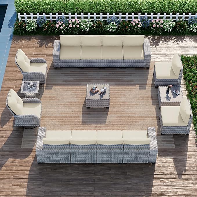 15-Piece Outdoor Patio Furniture Set with Rocking Swivel Chair Wicker Sectional Sofa Set, Patio Conversation Set with Thickened Cushions & Coffee Table for Garden, Backyard, White