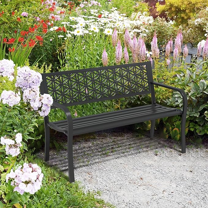 VINGLI 50" Outdoor Bench Metal with Floral Back, Garden Bench Front Porch Benches for Yard Patio Entryway Park Outside, 800lb Capacity - Black