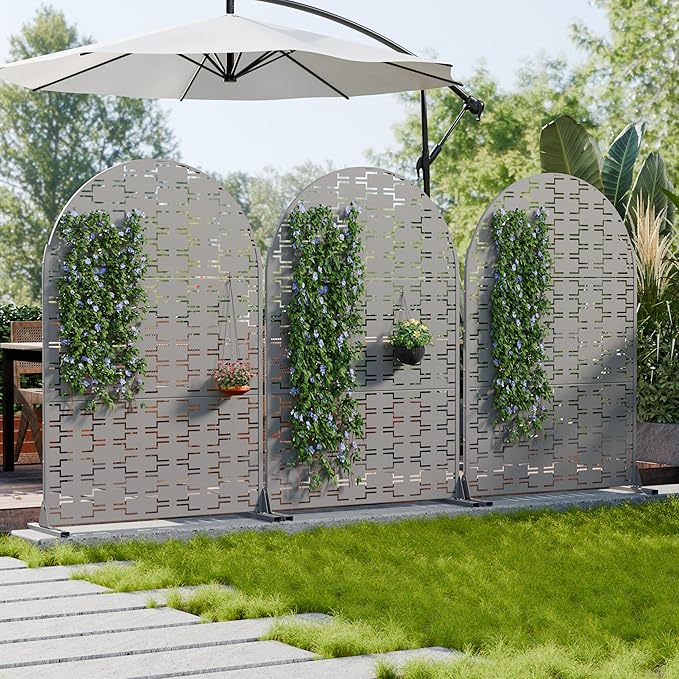 Casaphoria Metal Arched Privacy Screen Outdoor, 72" H x 47" W Freestanding Decorative Privacy Screen for Patio Deck Balcony Garden with Stable Base, Grey-Brick