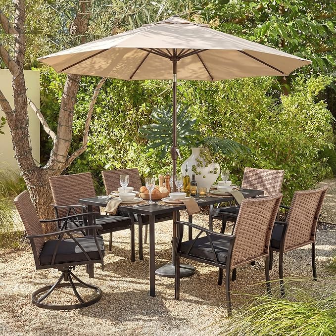 7-Piece Patio Dining Set for 6, Outdoor Dining Set with Wicker Swivel Patio Dining Chairs with Cushions & Black Rectangular Woodgrain Dining Table with 1.75”Umbrella Hole, Black & Brown