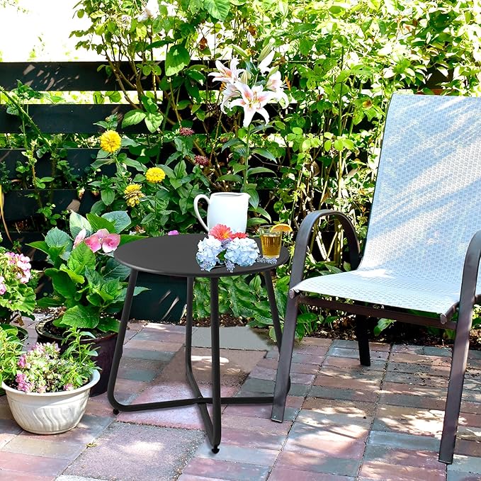 Patio Small Side Table Waterproof Round Metal Steel Weather Resistant Portable Outdoor and Indoor End Table for Garden Balcony Yard, Black