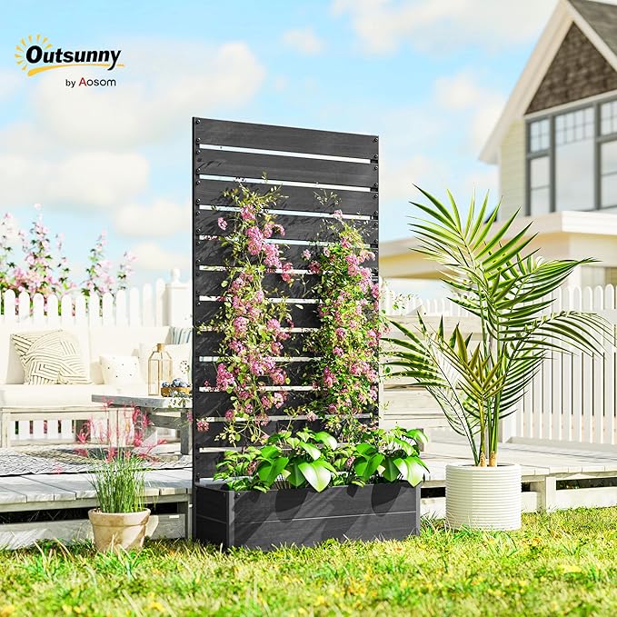 Outsunny Raised Garden Bed with Trellis for Climbing Plants, Planter Box with Self Draining Gap, Freestanding Trellis Planter for Outdoor, Patio, Deck, 35.75" x 15" x 70.75", Black
