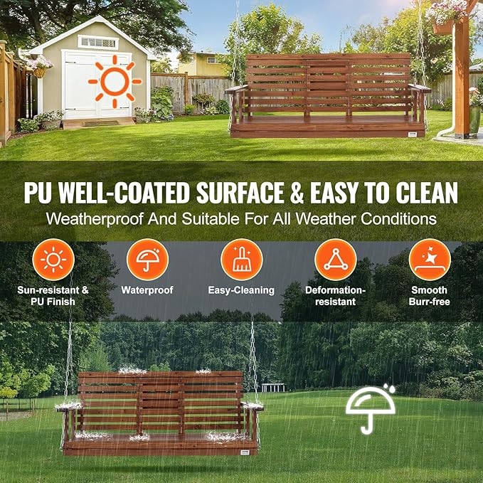 VEVOR Wooden Porch Swing 5 ft, Patio Bench Swing for Courtyard & Garden, Upgraded 880 lbs Strong Load Capacity, Heavy Duty Swing Chair Bench with Hanging Chains for Outdoors, Brown