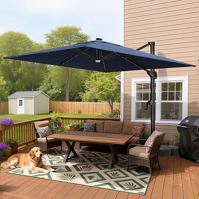 HOMSHADE 10 ft Square Cantilever Patio Umbrella with Base Included, Solar Lights Large Umbrella Outdoor Patio with 360°Rotation&Tilting, LED Lighted Offset Umbrellas w/Stand for Pool Deck