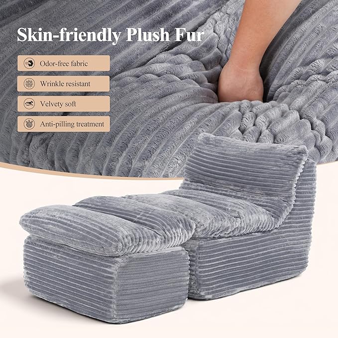 Boneless Chaise Lounge Chair Indoor, Adult Bean Bag Chair with Compressed Memory Foam, Comfy Back Support Sofa Bed Couch for Living Room Bedroom Office Apartment, No Assembly