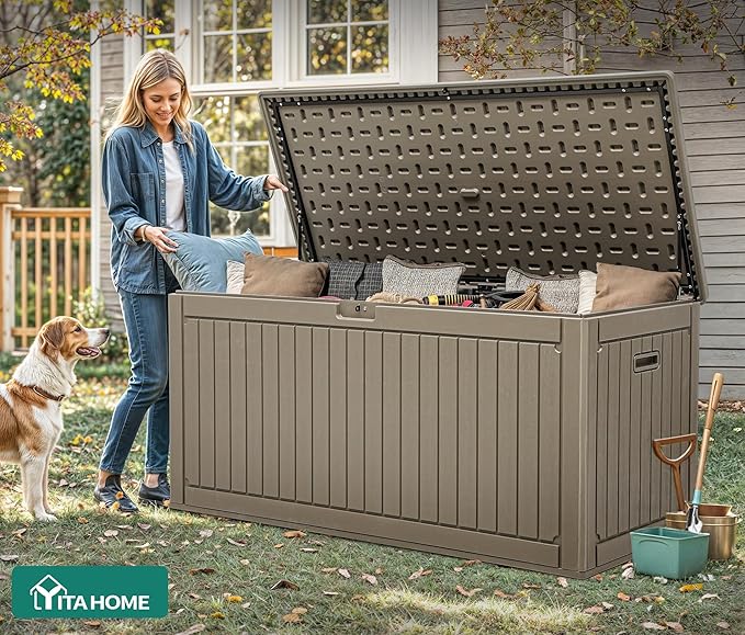 YITAHOME 260 Gallon Large Deck Box with Divider & Side Handles, Outdoor Double-Wall Storage for Patio Furniture Cushions, Garden Pool Accessories, Waterproof & Lockable