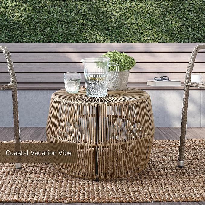 Furniture of America Ysar Boho Rattan Round Coffee Table Outdoor with Metal Frame, All-Weather and Rust Resistant, Handcrafted Coastal Furniture for Patio, Poolside, Garden, Yard, Natural Brown