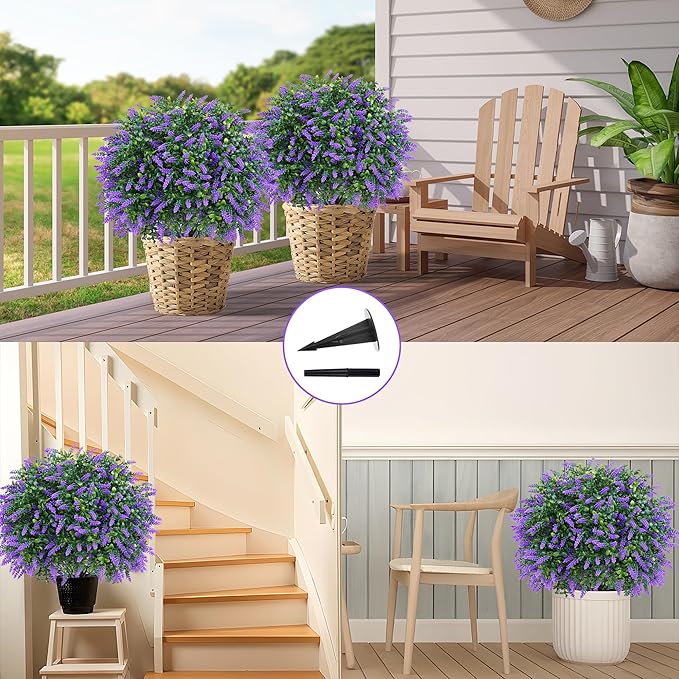 Artificial Boxwood Topiary Ball with Lavender, Set of 2 Artificial Shrub Bushes with Ground Spike, UV Resistant Fake Evergreen Plant Tree for Porch Outdoor Planters Indoor Valentine's Day