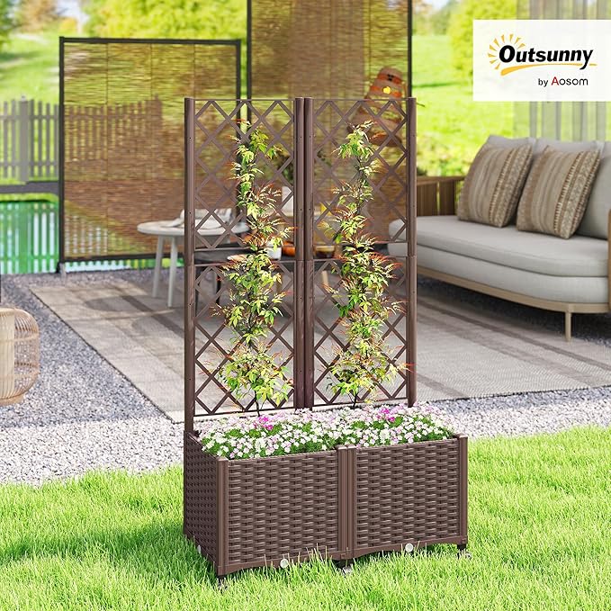 Outsunny Planter Box with Trellis, Self Watering Raised Garden Bed with Lockable Wheels, 56.3" Trellis Privacy Planter with Drainage Holes for Climbing Plants, Vines, Vegetables, Flowers, Brown