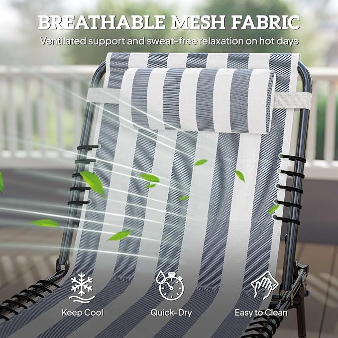 Outsunny Folding Chaise Lounge Chair, Patio Sun Tanning Chair, Outdoor Chaise Lounger with 4-Position Reclining Back, Breathable Mesh Seat for Beach, Poolside, Yard, Blue and White
