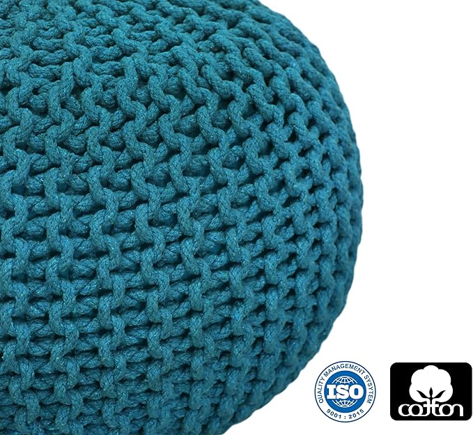 COTTON CRAFT Round Pouf - Hand Knitted Cotton Braid Cord Cable Dori Floor Pouf - Foot Stool - Ottoman Footrest Accent Seat Furniture Bean Bag - Living Room Kids Room Nursery Dorm Décor - 20x14 - Teal