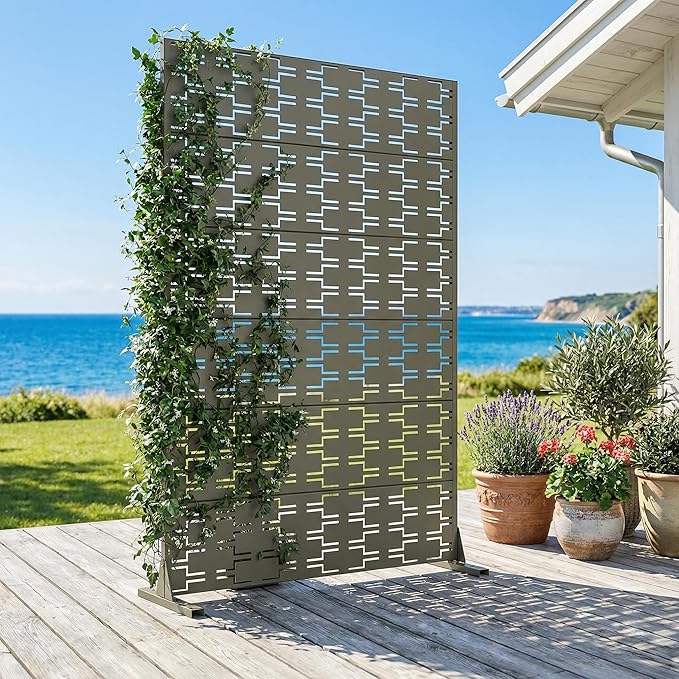 Casaphoria Metal Privacy Screen Outdoor, 72" H x 47" W Freestanding Decorative Privacy Screen for Patio Deck Balcony Garden with Stable Base, Grey-Brick
