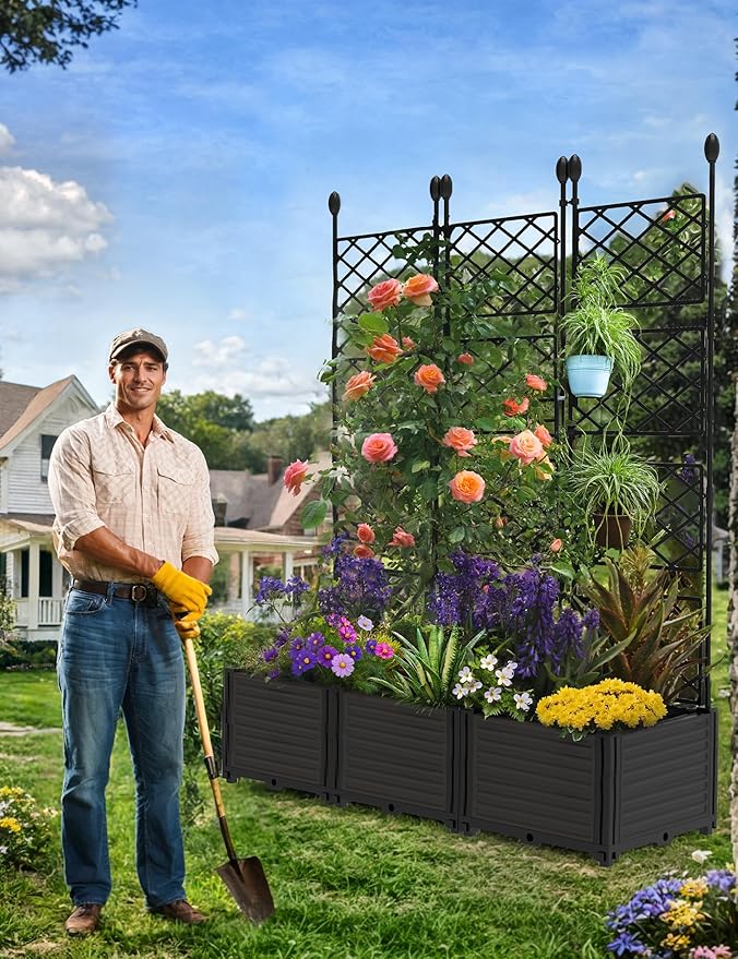 IDEALHOUSE 3 PCS Raised Garden Bed with Trellis, 50" W×63" T Plastic Planter Box with Privacy Screen, Sturdy Lightweight Vertical Garden for Climbing Plants Patio Balcony Backyard