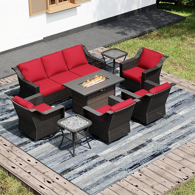 Joyside Wicker Patio Furniture Sets, 8 Pieces Upgraded Large Size Outdoor Furniture with 4 Swivel Rocking Patio Chairs, 3-Seat Sofa, Fire Table, Coffee Table, Thick Cushions, Wide Armrest, Red