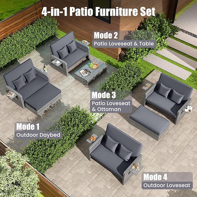Tangkula Patio Rattan Daybed with 4-Level Adjustable Backrest, Outdoor PE Wicker Loveseat with Storage Ottoman & Folding Side Table, Double Sunbed for Balcony, Backyard & Poolside, Grey