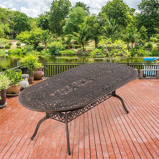 Outdoor Patio Dining Table - All-Weather Cast Aluminum 87" x 28.5“ Oval Patio Table with 2" Umbrella Hole for Balcony Lawn Garden Backyard