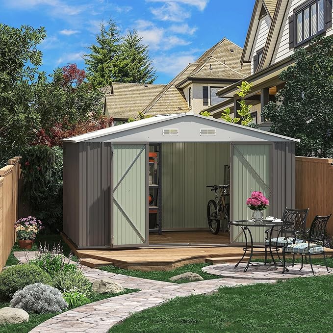 Greesum 10×8FT Outdoor Storage Shed, Metal Patio Storaged Sheds with Lockable Doors, Sheds & Outdoor Storage for Patio, Backyard, Pool and Garden, Gray