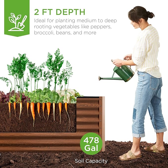 Best Choice Products 8x4x2ft Outdoor Metal Raised Garden Bed, Deep Root Planter Box for Vegetables, Herbs & Flowers, 478-Gallon Capacity, 100% Non Toxic Materials - Wood Grain