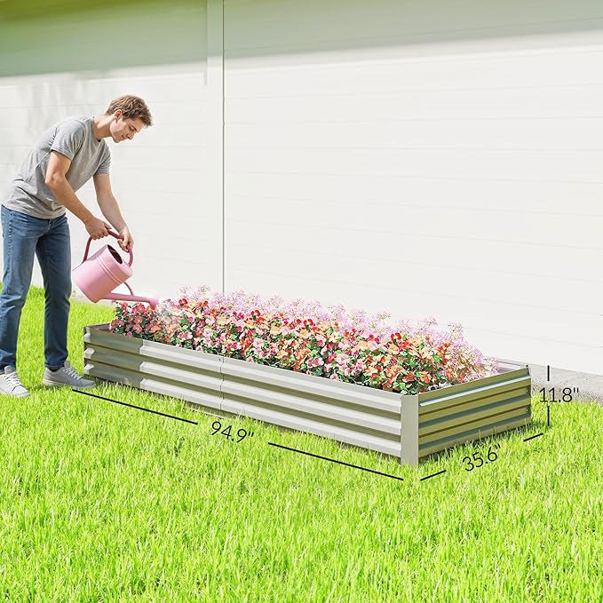 Outsunny Galvanized Raised Garden Bed, 8' x 3' x 1' Metal Planter Box, for Growing Vegetables, Flowers, Herbs, Succulents, Silver