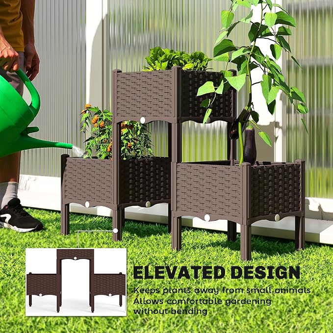 Outsunny Plastic Raised Garden Bed with Legs, Self Watering Elevated Planter Boxes with Drainage Holes and Plugs, Easy Assembly Outdoor Planter Box for Patio Yard Balcony, Vegetables, Flowers, Herbs