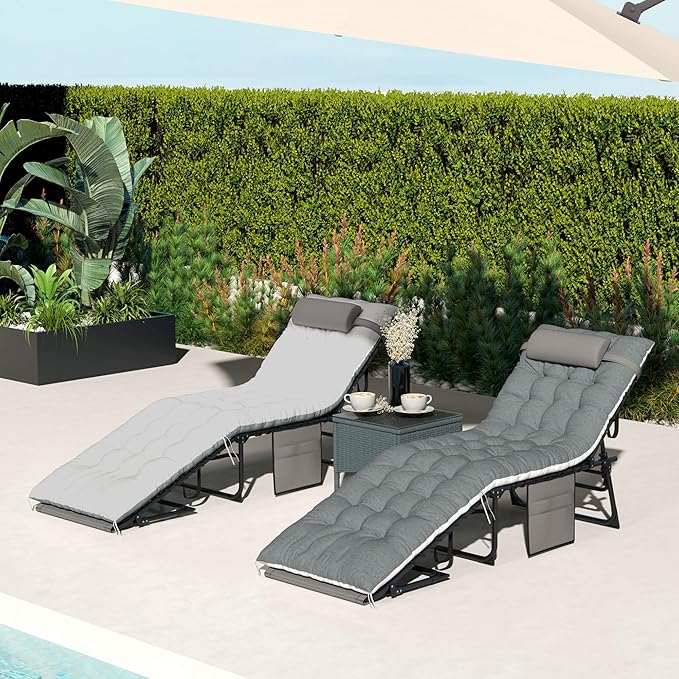Outsunny Chaise Lounge Chair Outdoor Set of 2, 5-Position Adjustable Outdoor Pool Lounge Chairs, Folding Tanning Chair Beach Lounger with Cushion, Headrest, Side Pocket for Patio, Yard, Gray