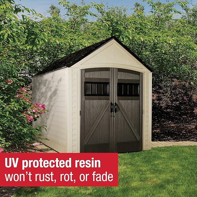 Rubbermaid Resin Outdoor Storage Shed With Floor (7 x 10.5 Ft) Weather Resistant, Brown Gable, Organization for Home/Backyard/Garden Tools/Lawn Mower/Bike Storage/Pool Supplies