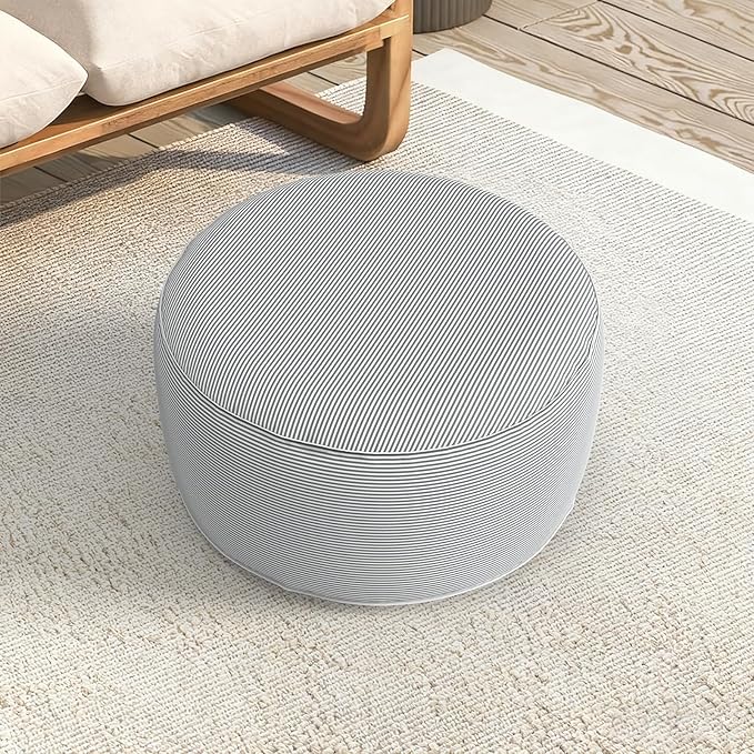 LVTXIII Indoor/Outdoor Extra Large Inflatable Ottoman Pouf D31 x H14 Inch, Round Footstool with Handle, Weather-Resistant Portable Furniture for Patio, Camping, Beach, Strip Grey