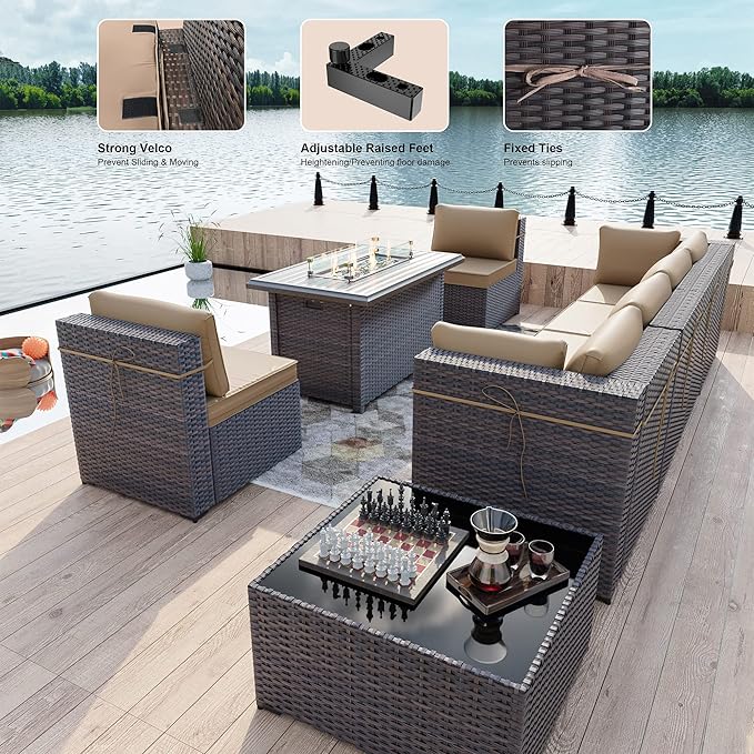 Kullavik 8 Pieces Outdoor Patio Furniture Set with 43" 55000BTU Gas Propane Fire Pit Table PE Wicker Rattan Sectional Sofa Patio Conversation Sets,Khaki