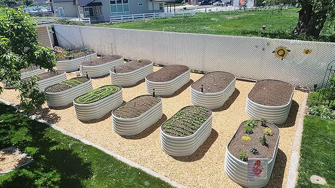 A ANLEOLIFE Set of 6 24 Inch Tall Antique White Raised Garden Beds Kit, Oval & Round Metal Planters – Ideal for Backyard Vegetables Flowers Herbs