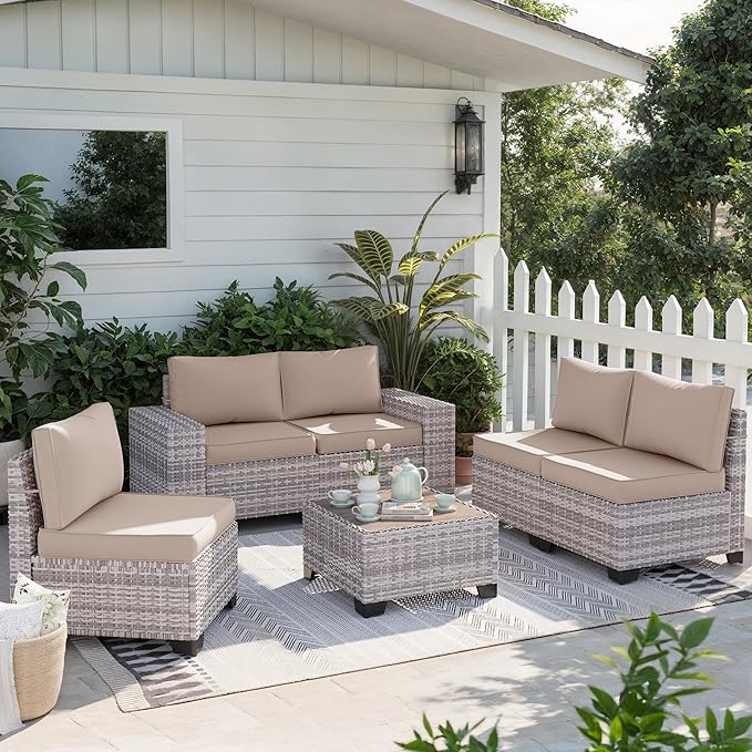 6-Piece Outdoor Patio Furniture Set Wicker Sectional Sofa Set, Patio Conversation Set with Thickened Cushions & Coffee Table for Garden, Backyard, Poolside, Beige